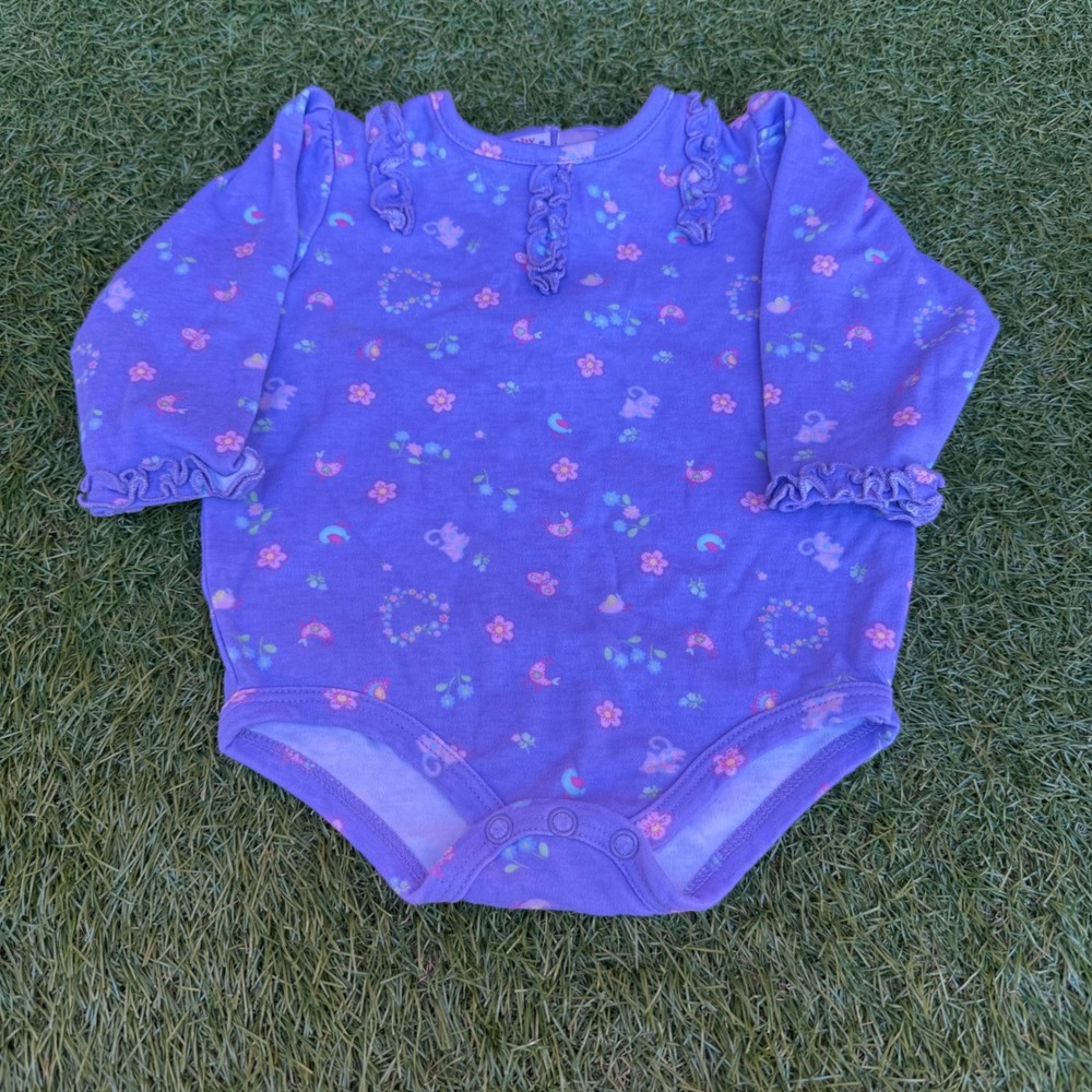 Okie Dokie Baby Girl Purple Long Sleeve Bodysuit Ruffle Animal‎ Print 6-9 Months